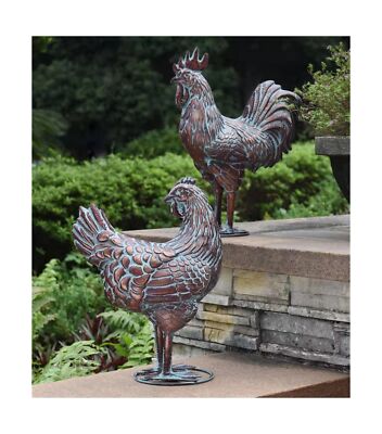 CLYB Set of 2 Metal Chicken Decor,Garden Rooster & Hen Statues and Sculptures...