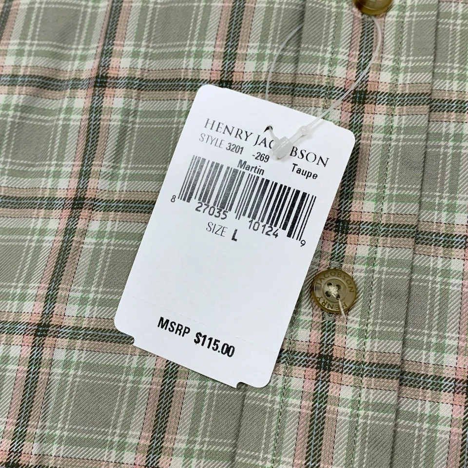 Nueva Camisa Henry Jacobson Abotonada Martin Marrón Taupe Rosa Gris Cuadros Grande Foto 3 de 4