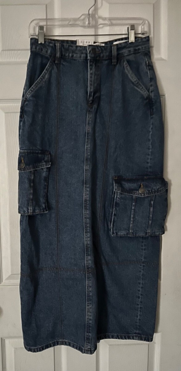 【BAON】Cotiva Raw Denim Cargo Long Skirt YADMISU Women's Vintage Split Long Cargo Denim Skirt,Blue,S