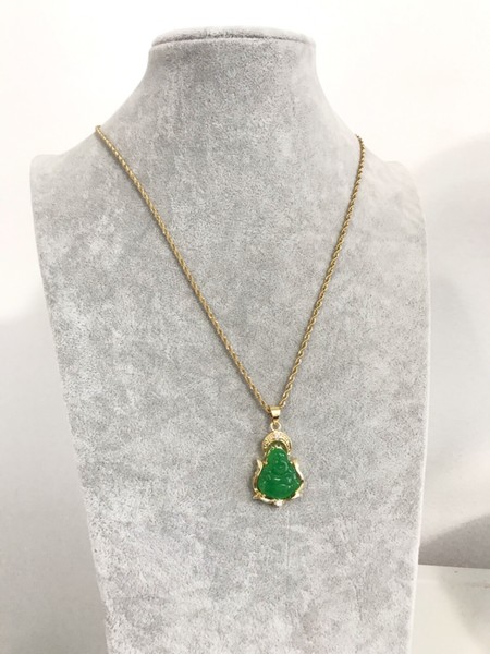 Alternate view of Good Fortune Wisdom Gold Plated Jade Laughing Buddha Pendant Necklace,