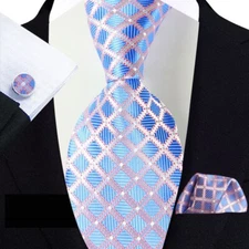 Classic Checks Plaids Blue Jacquard Silk Men's Tie Necktie Hanky Cufflink Set