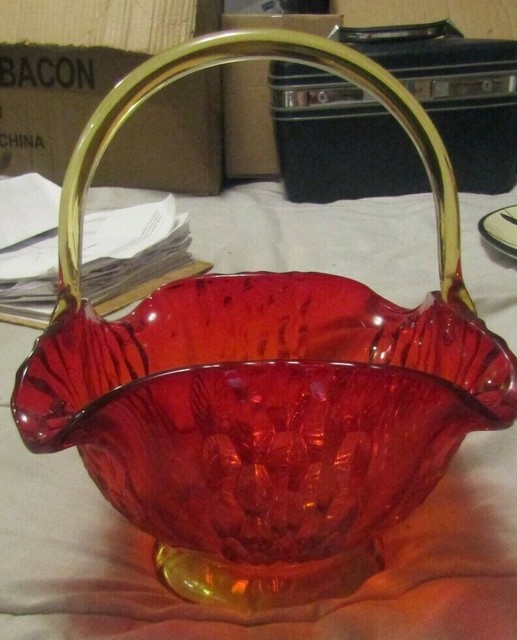 RED GLASS BASKET WITH YELLOW HANDLE 10" TALL INCLUDING HANDLE X 10 1/2" CORNER eBay