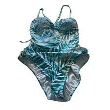 Time and Tru One Piece Swimsuit Women's White Blue Green Leaves NEW 2X (20W-22W)