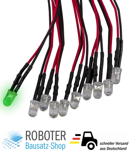 10 Stück 5mm F5 LED grün verkabelt 20cm 5-12V Modellbau Arduino DIY Elektronik