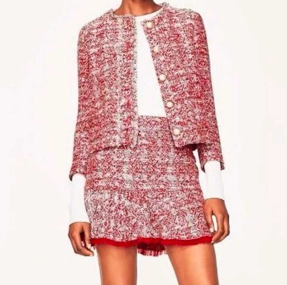 ZARA Red Tweed Textured Weave Frayed Blazer Jacket Size S /Mini Skirt Size M Set - Image 2 of 4