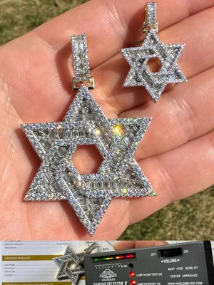 Moissanite Star Of David Pendant Iced Necklace Silver 14k Gold Plated 925 Silver