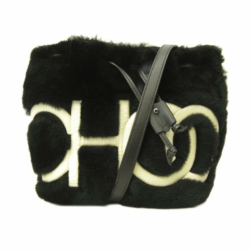 JIMMY CHOO JUNO S 2way Shearling Bucket Shoulder Bag Pom Pom Mouton Logo Black
