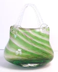 Vintage Art Hand Blown Glass Murano Style Purse Handbag Vase Decor Green & White