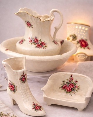 Vintage Athena Pottery Rose Rhapsody Pitcher Basin Accessory Decor Set Of 5