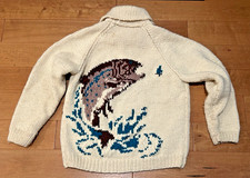 Vintage Cowichan Hand Knit Zip up Sweater Fishing Salmon Trout Basket on front L
