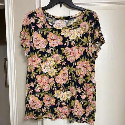 LOFT Women s Black Floral Scoop Neck Pullover T-Shirt Size L 100% Cotton