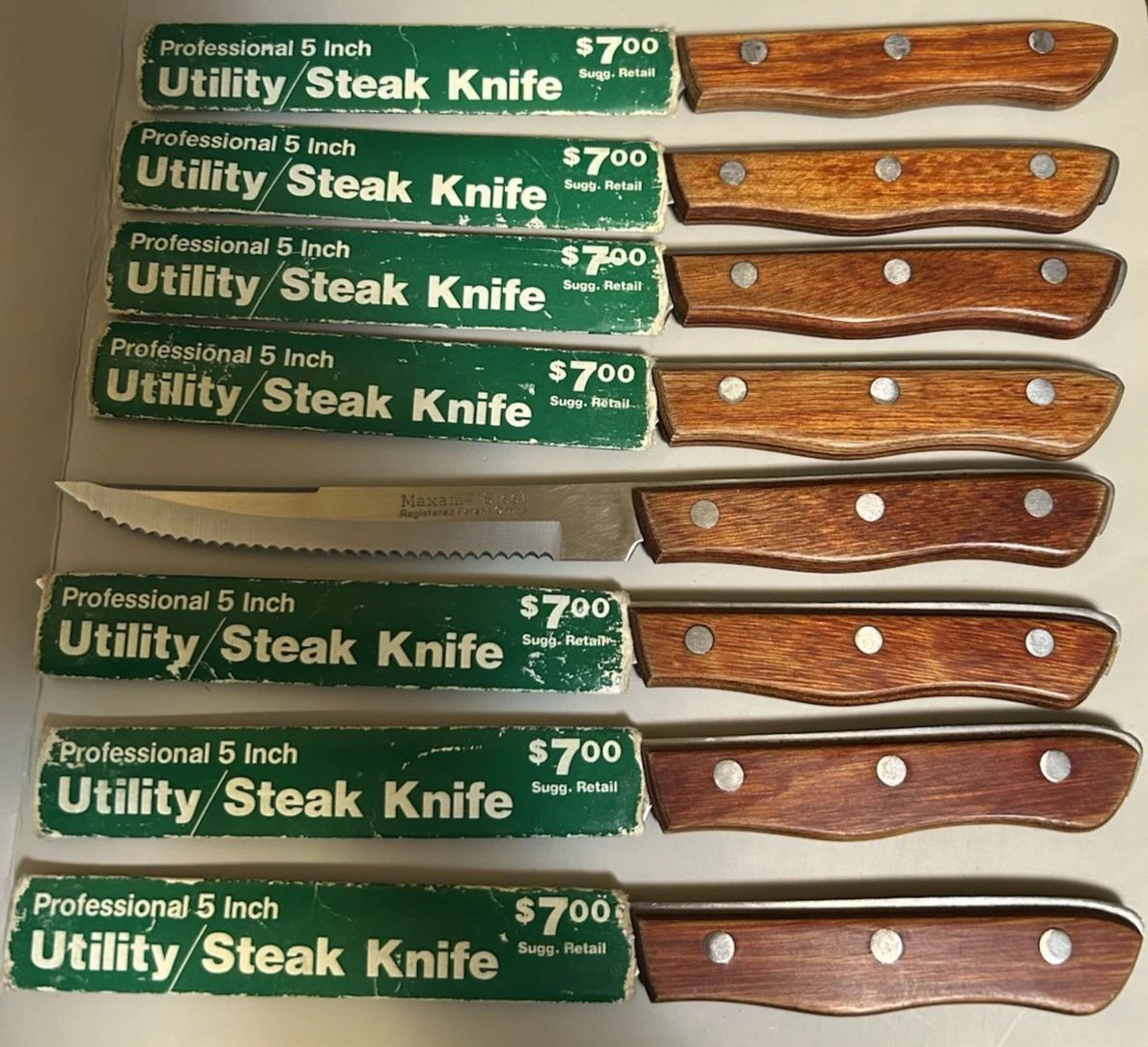 8 (Eight) Maxam Steel Japan Serrated Steak Knives Wooden Handle Full Tang Knife
Opens in a new windo