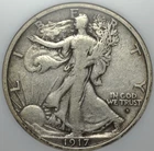 1917 D OBVERSE WALKING LIBERTY HALF ANACS VF 20 SMALL WHITE HOLDER SMOOTH AND
