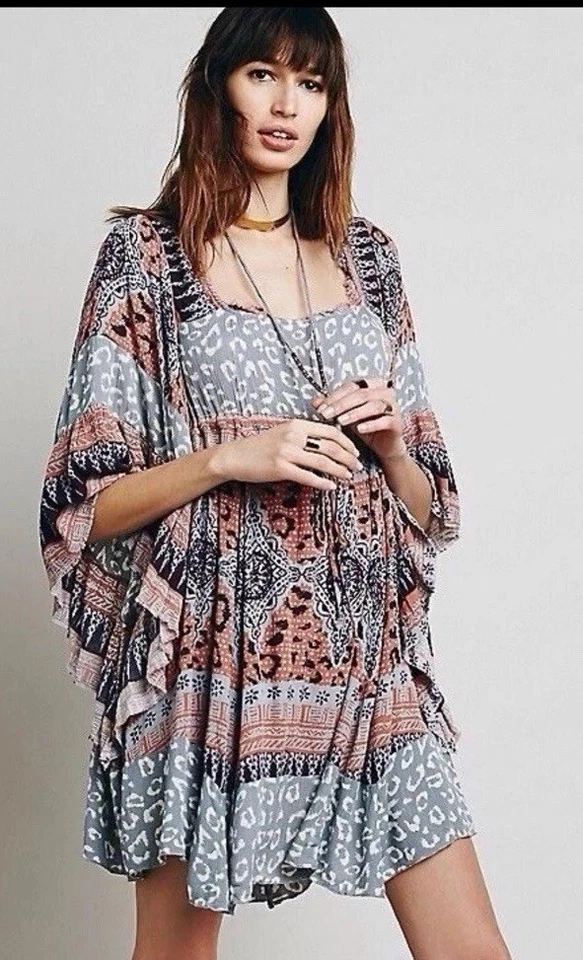 Vestido Free People American Pie Patchwork Boho Manga Campana Talla XS Foto 2 de 4