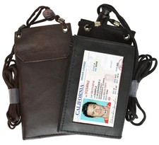 BLACK LEATHER WALLET ID Badge Window Card Holder Zip Neck Strap U.S Seller