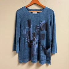 Jess & Jane Womens Lagenlook Top Size L Floral Artsy Boho Hippie Mineral Wash