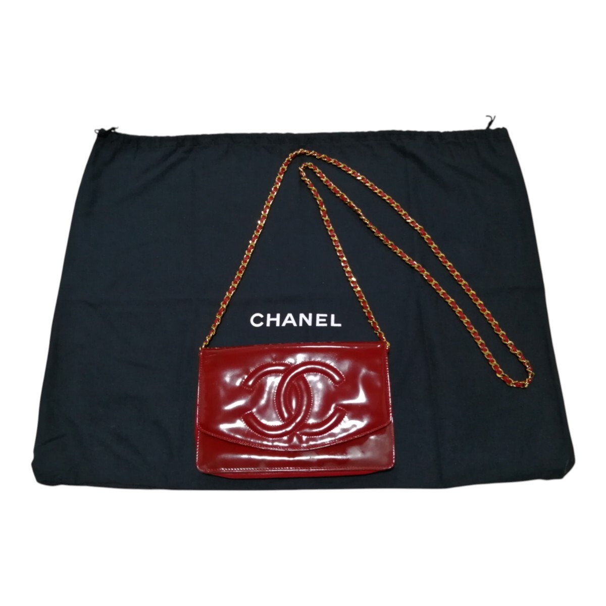 Vintage CHANEL Coco Mark Large Red Gold Chain Wallet Shoulder Bag Rare Condition