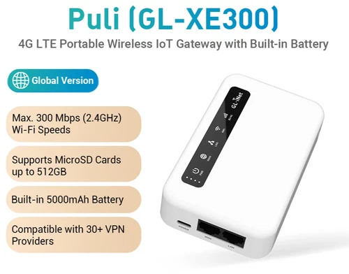 GL.iNet Puli GL-XE300 4G LTE VPN Router Portable WiFi Hotspot 5000mAh Battery