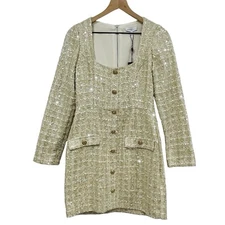 Gianni Bini Lissy Sequin Tweed Long Sleeve Button Front Mini Dress Size 12 NEW