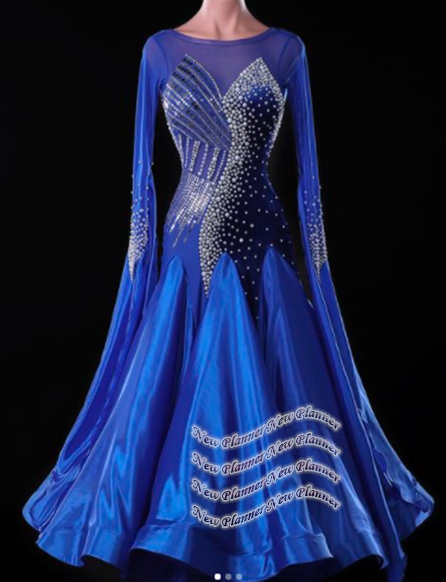 B8697 women ballroom Waltz Tango standard dance dress UK10 US 8 blue sleeve  | eBay