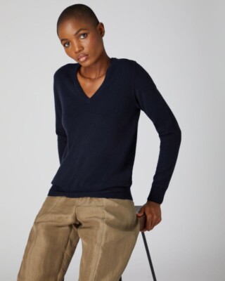 N. Peal Womens V Neck Blue Grey 100% Cashmere Size L Jumper £245 VGC