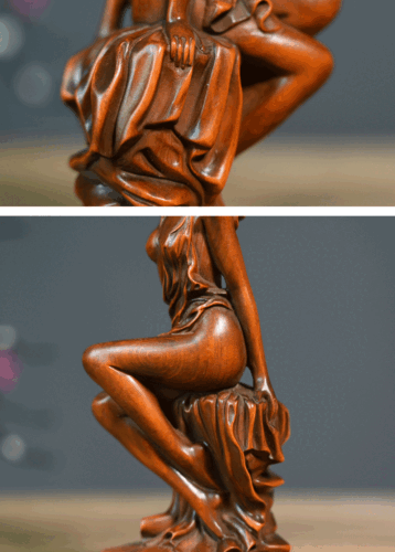 Chinese Boxwood Wood Carving Sexy Beautiful Woman Statue Wooden Sculpture Decor - Picture 16 of 18