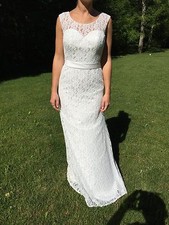 Lace sheath high neck wedding gown with satin sash Pearl White NEVER USED