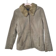 George Women Size Medium 8/10 Brown Genuine Leather Faux Fur Collar Jacket Coat