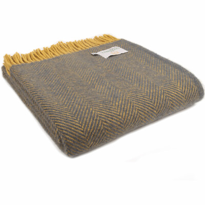 TWEEDMILL KNIETEPPICH 100% Wolle Sofaüberwurf Decke HERRINGBONE MARINE BLAU/SENF