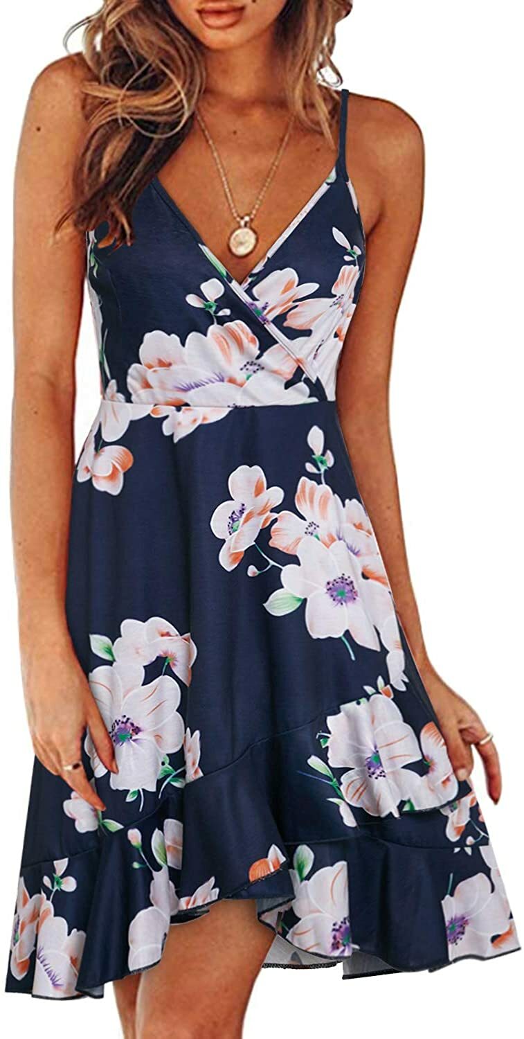 ULTRANICE Womens Summer Floral Wrap V Neck Adjustable Spaghetti Casual Ruffle Dress