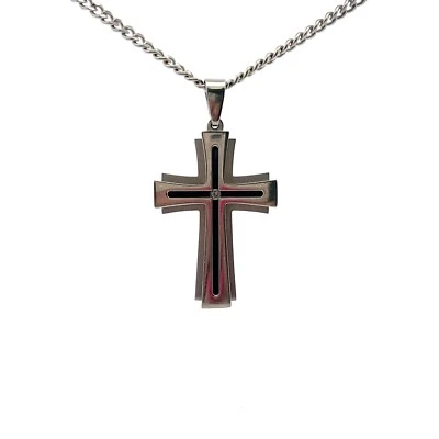 Acier Inoxydable Avec Émail Noir 2.5cm X 5.1cm Croix .03ct Diamant Pendentif - Photo 1/4