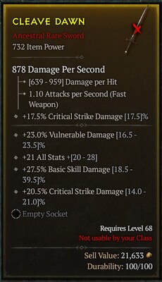 Diablo 4 Endgame Item Ancestral 1-Handed Sword Item-Lvl 732 Rogue SOFTCORE