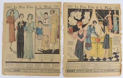 2- Vtg.1930 Le Petit Echo De La Mode 14x11-1/2 in. Paris Fashion Newspaper Pages
