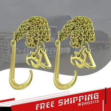 2PCS G70 5/16'x10' Transport Tow Chain J Hook Long Shank w/ RTJ & Grab Hook