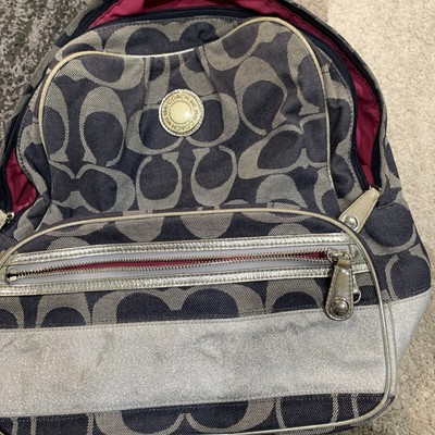 STUNNING SILVER AND DENIM COACH BACKPACK? Coach Signature Denim & Silver Stripe Poppy Backpack F19691  main image 2