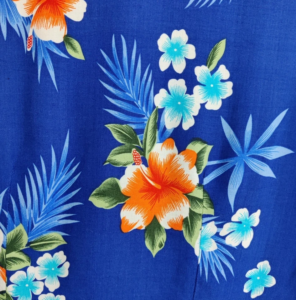 Camisa Hawaiana Aloha Hut Mujer Rayón Hibisco Flores Abotonada Azul Talla L Foto 3 de 4