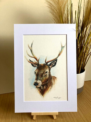 Hirsch montiert A4 Kunstdruck aus einem Original Aquarell Gemälde, Hirschbild 
