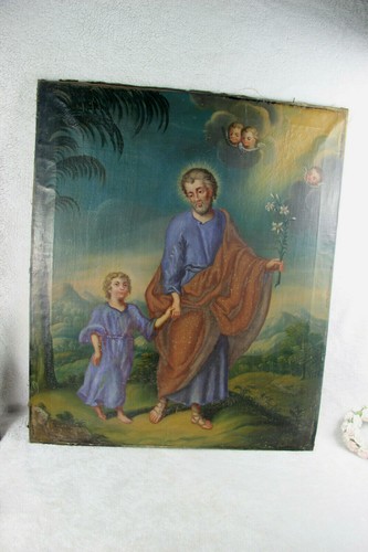 Antique Religious oil canvas painting jesus child joseph angels putti - Picture 2 of 12