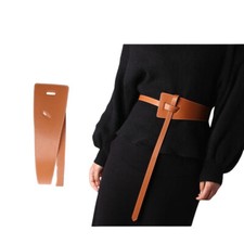 Women Elegant Wide Faux Leather Knot Waist Belt Dress Coat Adjustable Waistband