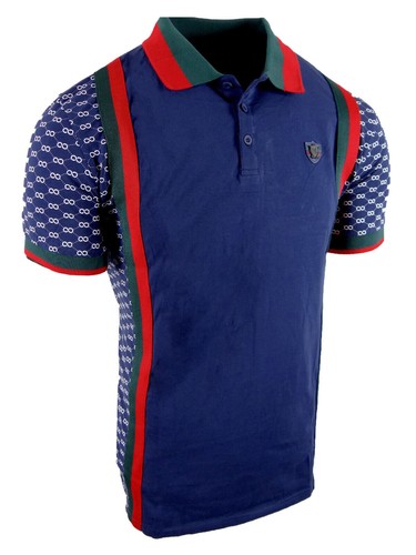 Mens Polo Shirt Italian Sport Side Print Stripe Collar Slim Fit Golf Stretch - Picture 7 of 11