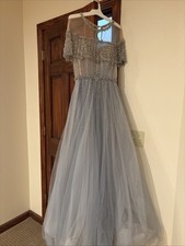 Elegant Blue Tulle Formal Dress Beaded Off-Shoulder Gown - Size 4