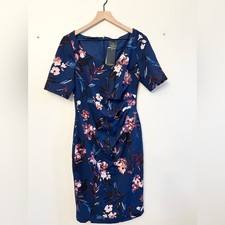 Adrianna Papell NWT blue floral short sleeve dress wedding guest office ruched
