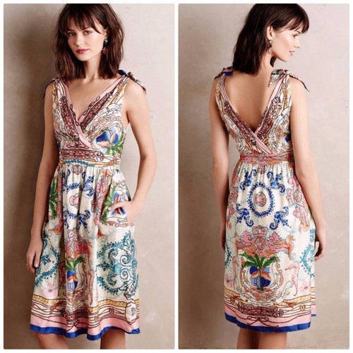 Anthropologie x Collette Dinnigan Tied Shoulder Acionna Silk Art Dress Size 4
