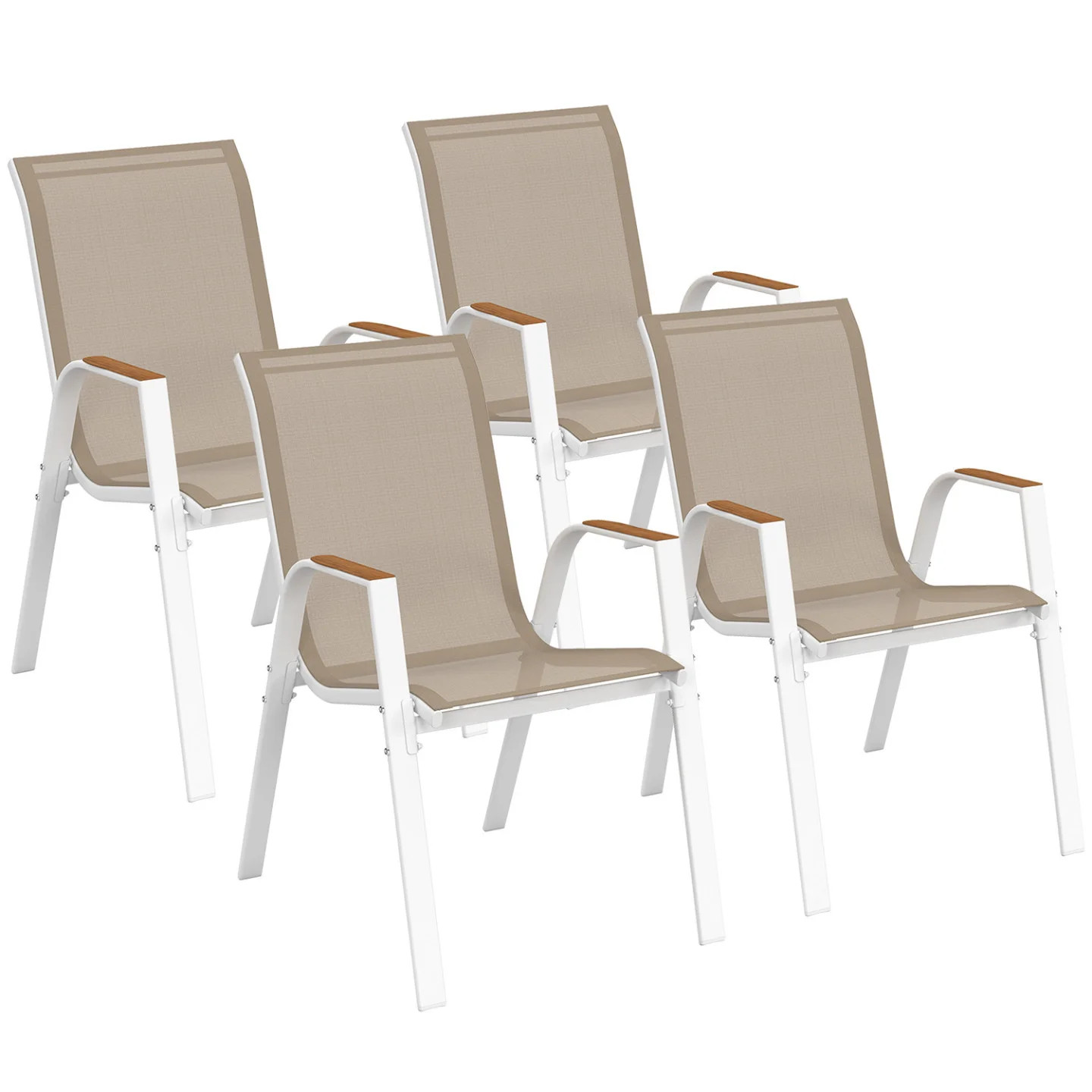 Lot de 4 chaises de jardin NOUMEA empilables en métal blanc et textilène style bois