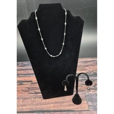 Monet Gray Faux Pearl Necklace Earrings Set Silver Tone 16–18" Classic Glam Vtg