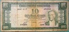 TURKEY 10 LIRA NOTE ISSUED 1952 (LAW OF 1930 ), P 156,  BACK -  GREEN, SERIE H