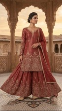 Sharara Suit Set Women Embroidered Sequin Kurta Palazzo Dupatta Party Wear