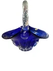 Fenton Art Glass Blue Cobalt Ruffle Basket W/Clear Braided Handle Approx 9” High