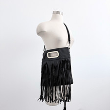 Black Faux Leather Fringe Buckle Purse Bag Crossbody Gold