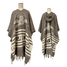 Vintage Southwest Gray Wool Hooded Poncho Serape w Fringe  Bird Detail